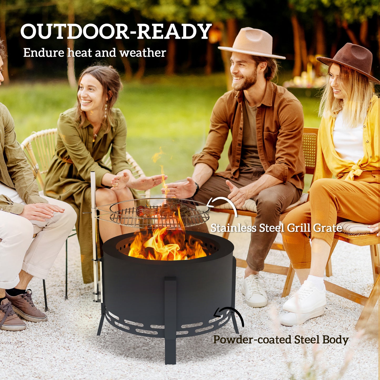Outsunny Outdoor Fire Pit, Round Firepit with Grill Grate, Fire Bowl with Ash Catcher and Poker for Backyard Camping Bonfire Picnic, Black