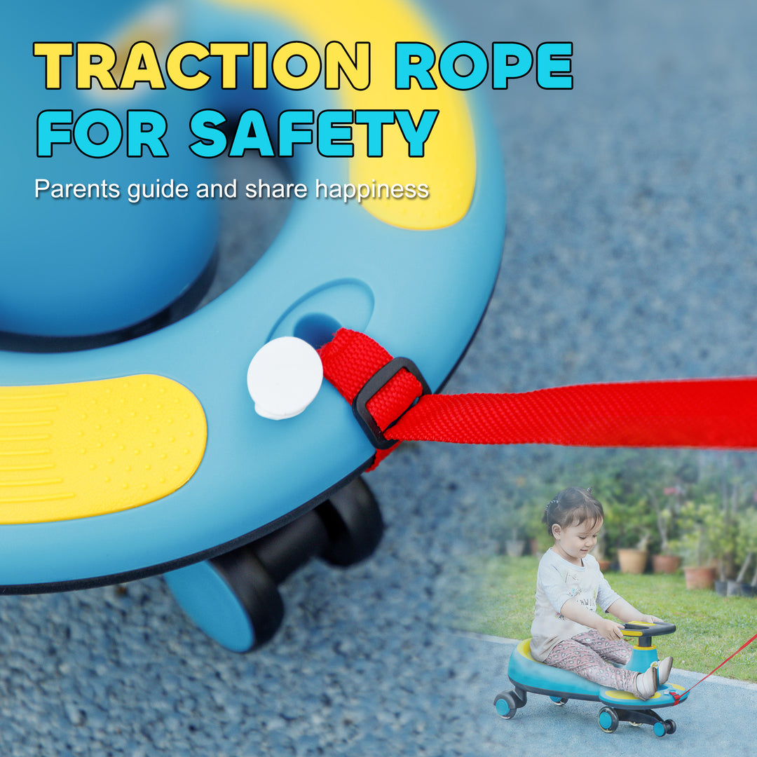 Qaba Kids Wiggle Car w/ Parent Traction Rope, Music, Light, Blue