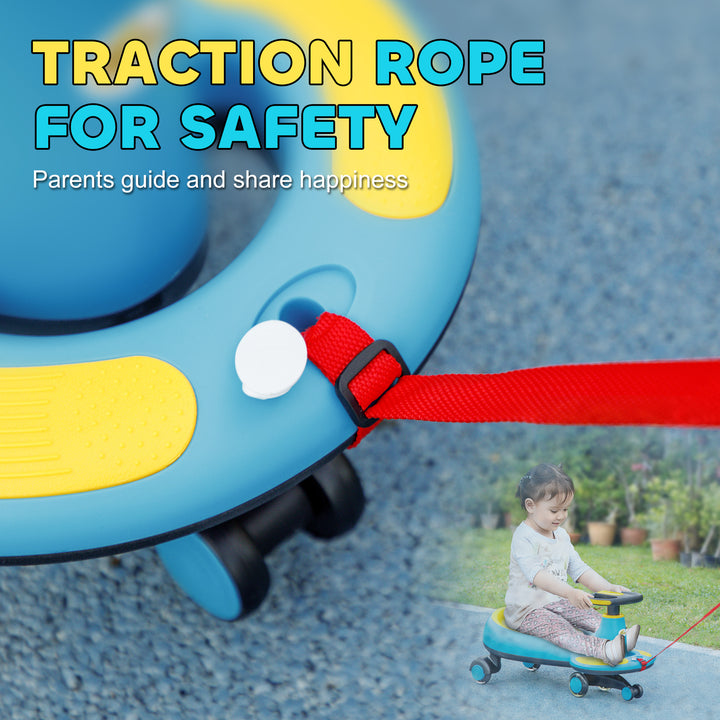 Qaba Kids Wiggle Car w/ Parent Traction Rope, Music, Light, Blue