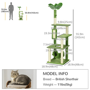 PawHut 56" Cat Tree for Large Cats Adult with Hammock, Cat Tower with Scratching Post, Platforms, Play Ball and Anti-tipping Device, for Indoor Cats, Green