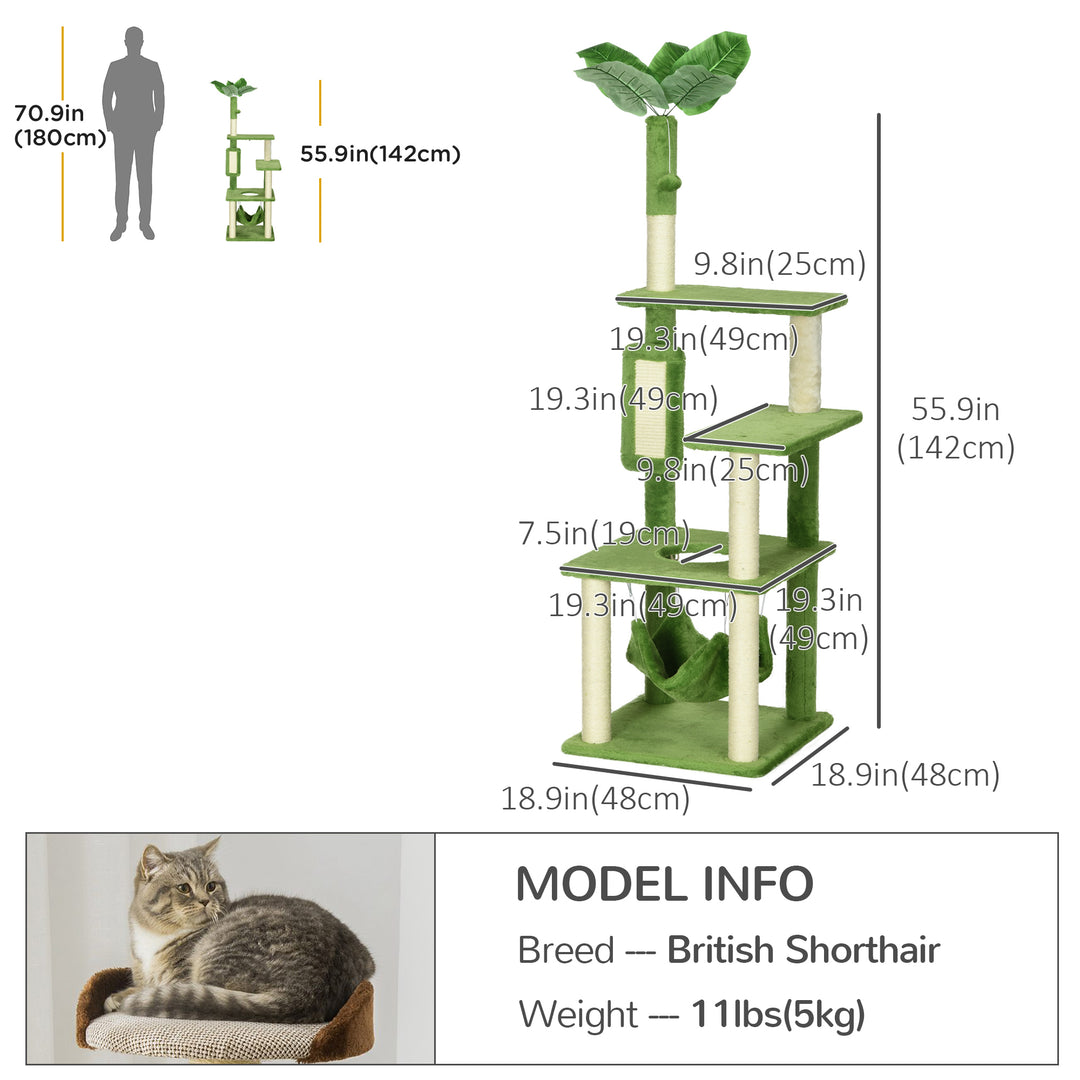 PawHut 56" Cat Tree for Large Cats Adult with Hammock, Cat Tower with Scratching Post, Platforms, Play Ball and Anti-tipping Device, for Indoor Cats, Green