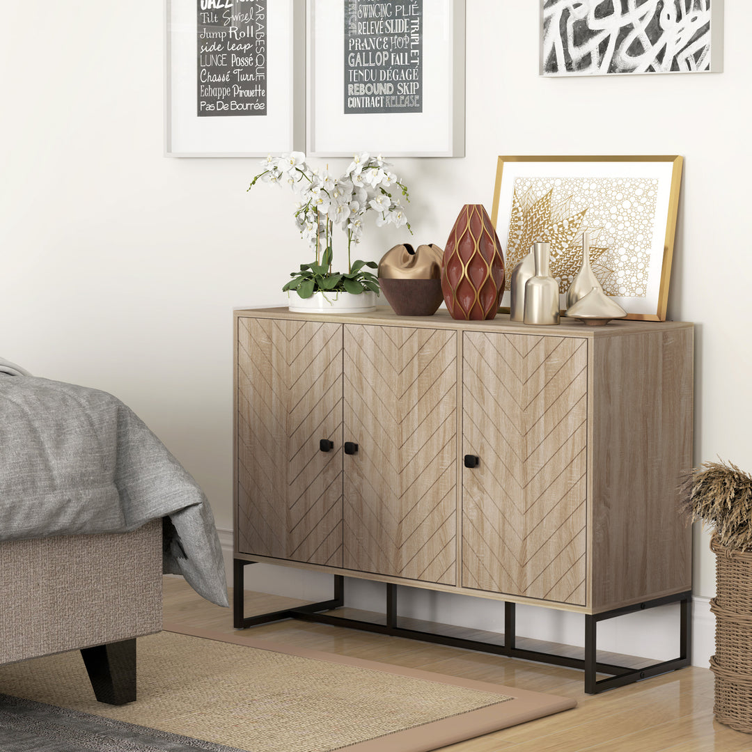 HOMCOM Modern Sideboard, Buffet Cabinet with Adjustable Shelves, 3 Chevron Doors for Living Room, Hallway, Oak Wood Grain