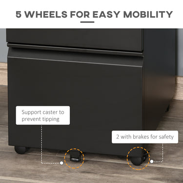 Vinsetto 3 Drawer Filing Cabinet, Lockable Office Storage Cabinet on Wheels for Legal, Letter, A4 Files, Black