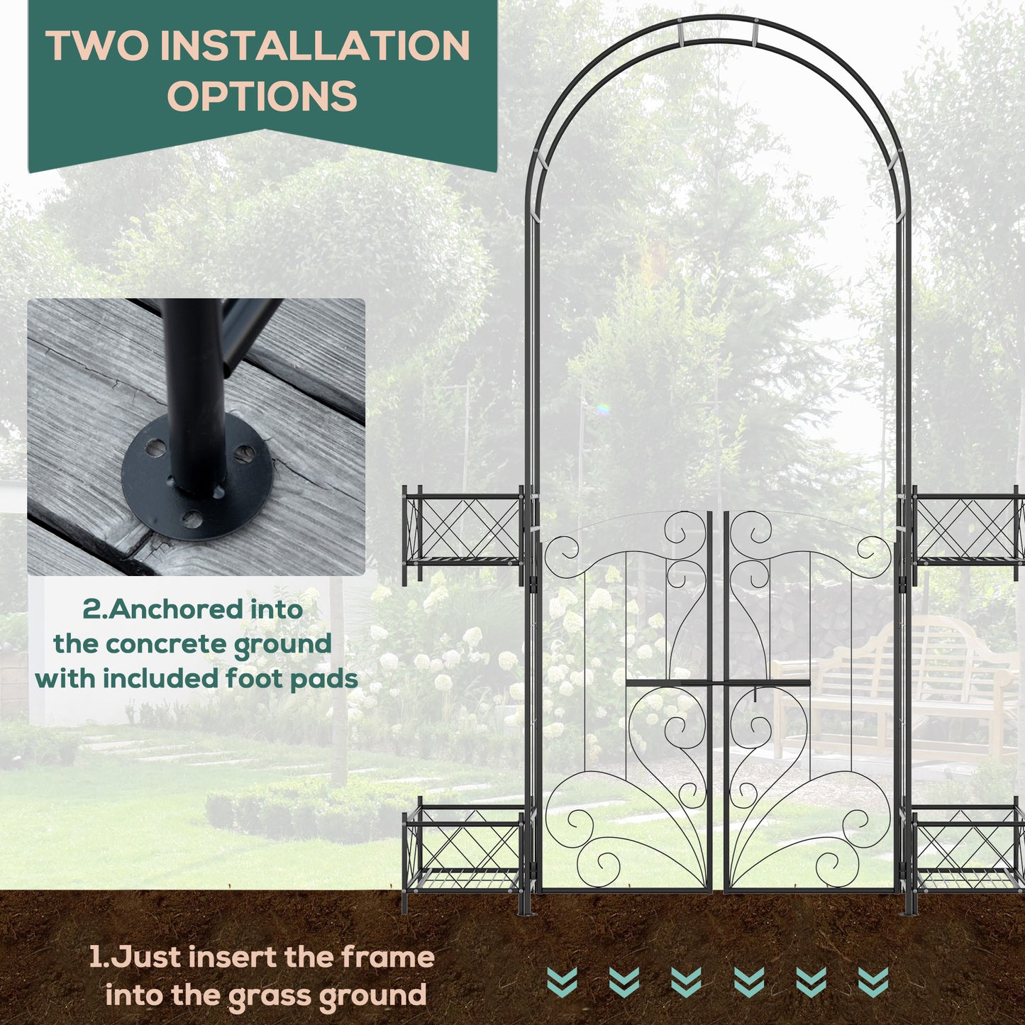 Outsunny 7.2FT Metal Garden Arbor Arch with Double Doors, 2 Side Planter Baskets, Climbing Vine Frame, Black