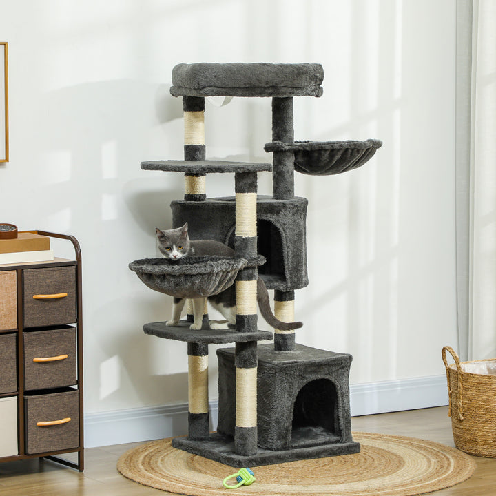 PawHut 52.5" Cat Tree Tower with Scratching Posts, Cat Condos, Bed, Platforms, Hammocks, for Indoor Cats, Dark Grey