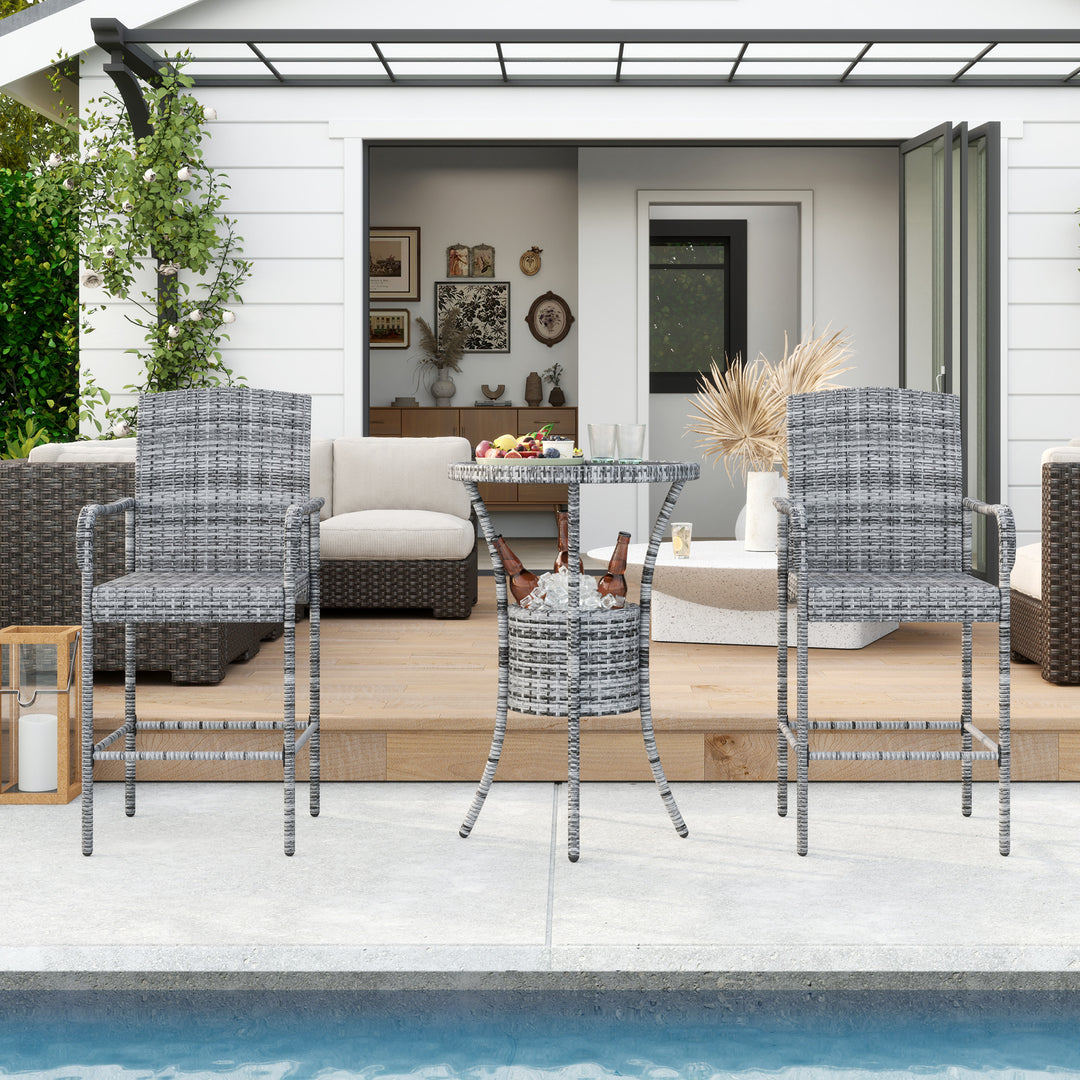 Outsunny 3 Pieces Patio Bar Set, Rattan Bistro Table and Chairs, Outdoor Conversation Furniture Set with Ice Bucket, Mixed Grey