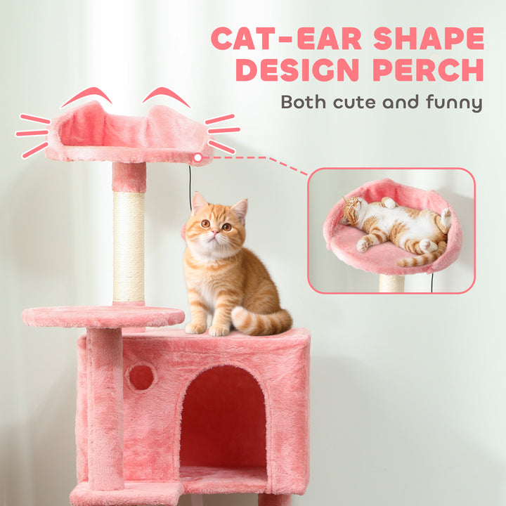 PawHut 63 Inch Cat Tree with Sisal Scratching Posts, Condos, Plush Perches, Hammock, Ladder, Dangling Balls, Pink