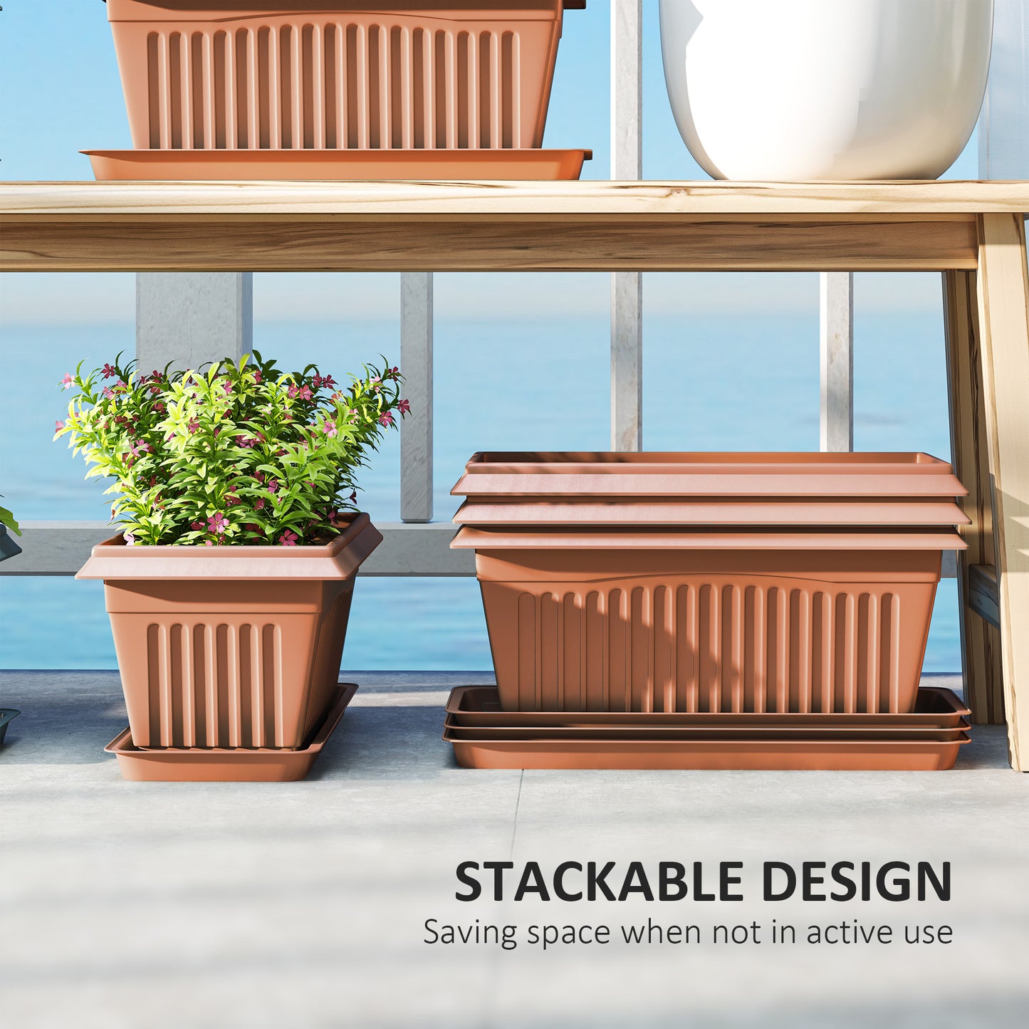 Outsunny 7 Pack 15.7" Plastic Flower Planters with Drainage Holes and Trays, Plant Pots for Indoor Outdoor Plants, Green