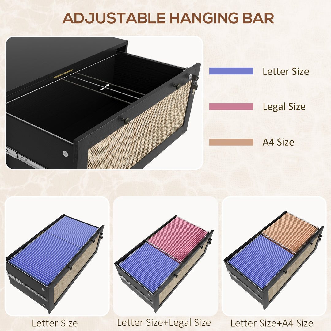 Vinsetto 2-Drawer Filing Cabinet with Lock, Rattan File Cabinet with Adjustable Hanging Bar, Natural