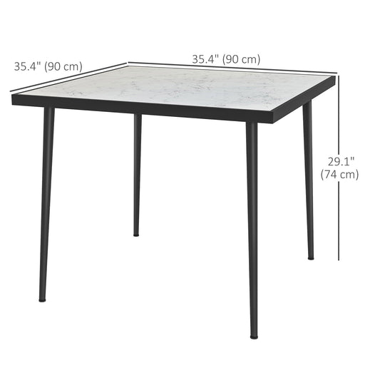 Outsunny Outdoor Dining Table for 4, Square Patio Dining Table with Marble Effect Tempered Glass Top and Steel Frame, White