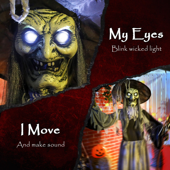 Outsunny Animatronics Standing Witch, Voice-Activated Prop, Spinning Head & Flashing Eyes, Easy Setup Indoor, Black