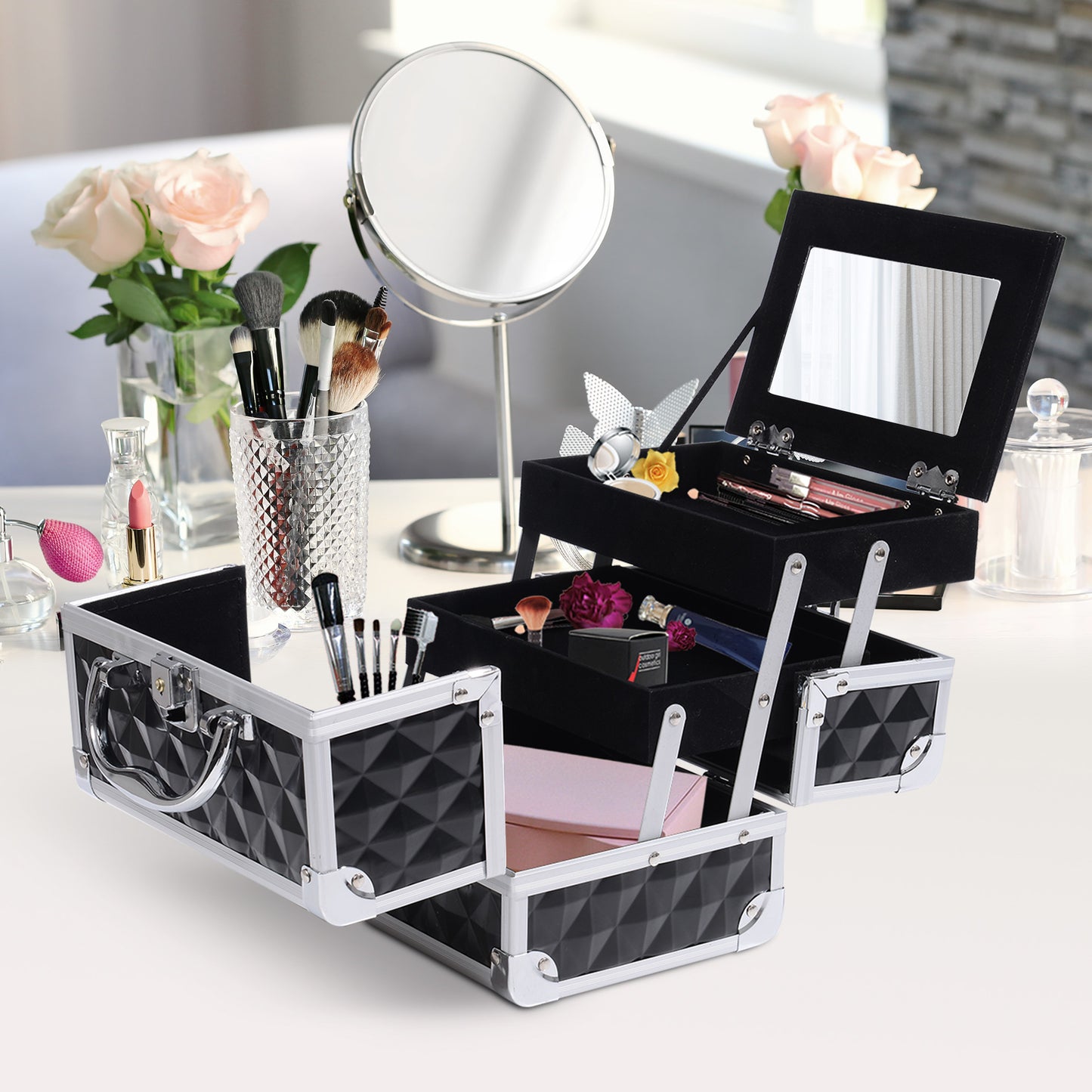HOMCOM 3 Tier Diamond Texture Makeup Train Case Cosmetic Organizer with Mirror, Black