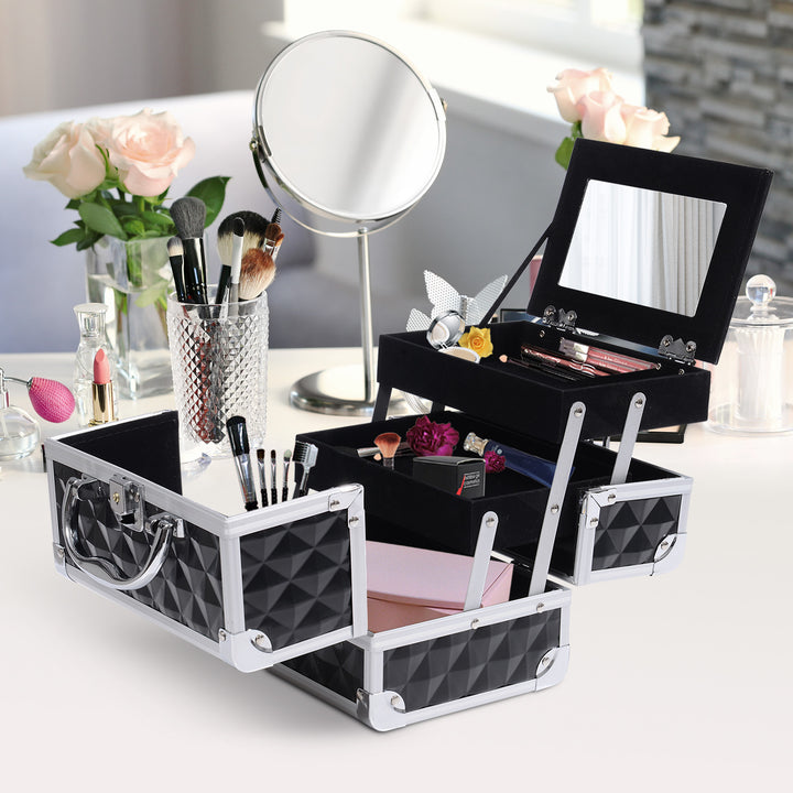 HOMCOM 3 Tier Diamond Texture Makeup Case Train Case Cosmetic Organizer with Mirror, Pink