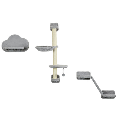 PawHut 3PCs Cat Shelves with Hammock, Scratching Posts, Platforms, Grey