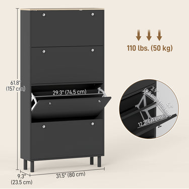 HOMCOM Narrow Shoe Cabinet with 4 Flip Drawers, Shoe Storage Cabinet with Adjustable Shelves, Holds 24–32 Pairs, Black