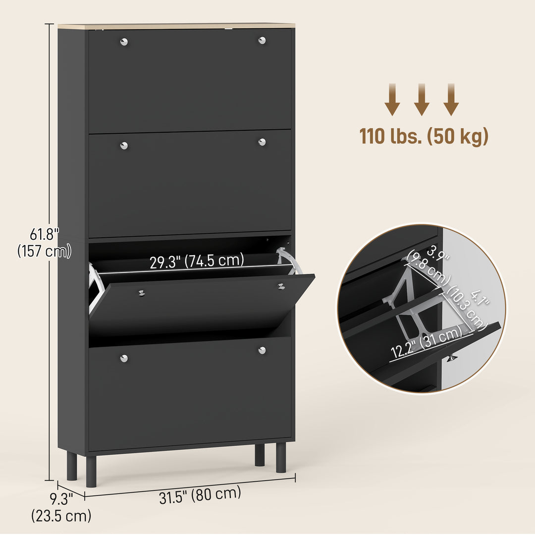 HOMCOM Narrow Shoe Cabinet with 4 Flip Drawers, Shoe Storage Cabinet with Adjustable Shelves, Holds 24–32 Pairs, Black