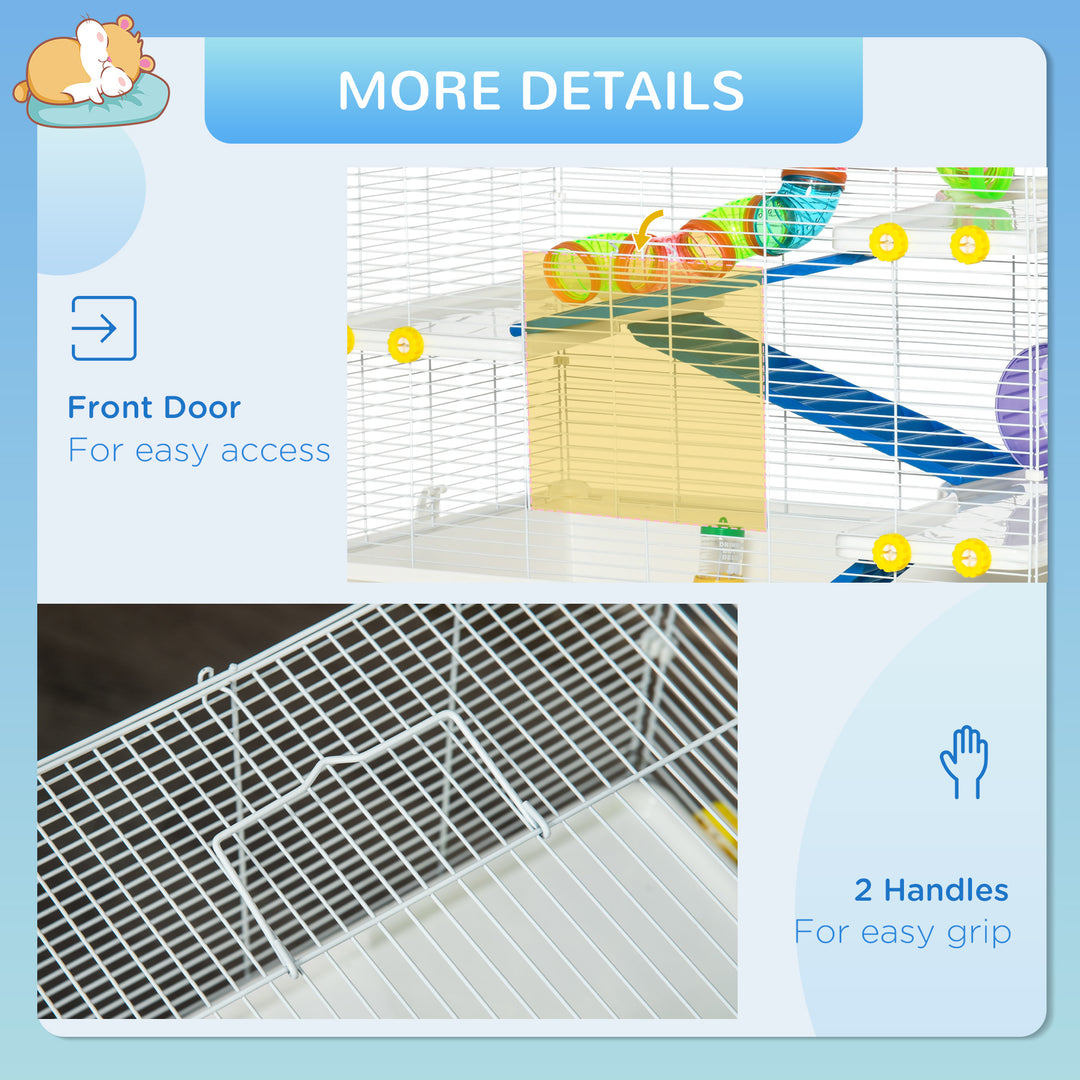 PawHut 31" Large Hamster Cage, Small Animal House, Multi-storey Gerbil Haven, Tunnel Tube System, with Water Bottle, Exercise Wheel, Food Dish, Ramps, White