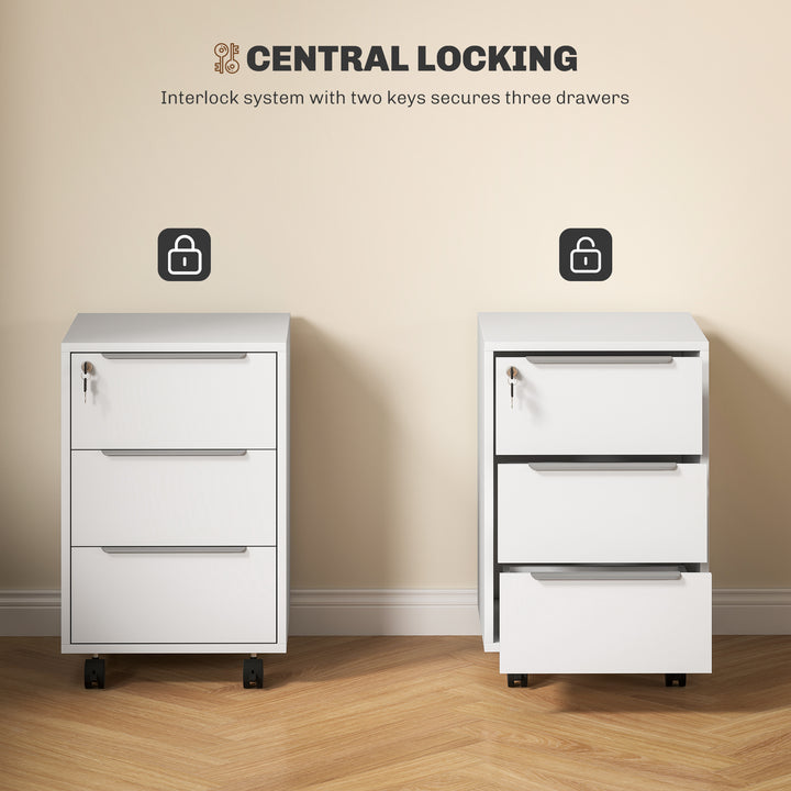 HOMCOM 3 Drawer File Cabinet with Wheels, Vertical Filing Cabinet with Lock, Grey