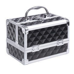 HOMCOM 3 Tier Diamond Texture Makeup Train Case Cosmetic Organizer with Mirror, Black