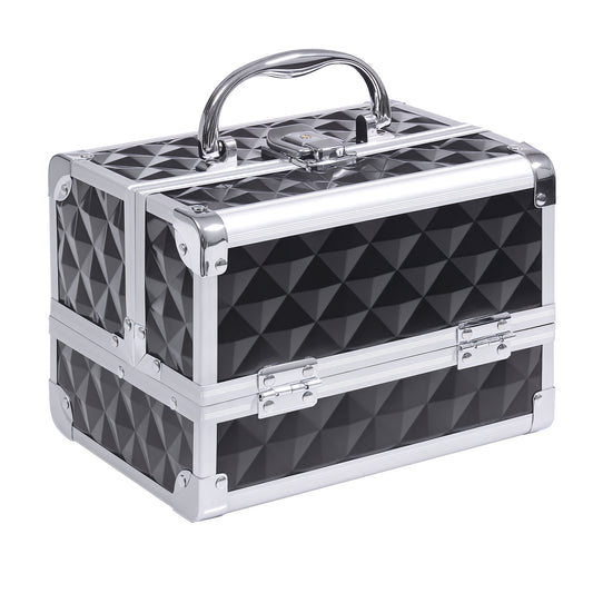 HOMCOM 3 Tier Diamond Texture Makeup Train Case Cosmetic Organizer with Mirror, Black