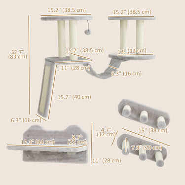 PawHut 3PCs Cat Wall Shelves w/ Scratching Post, Perches, Steps, Ladder, Light Grey