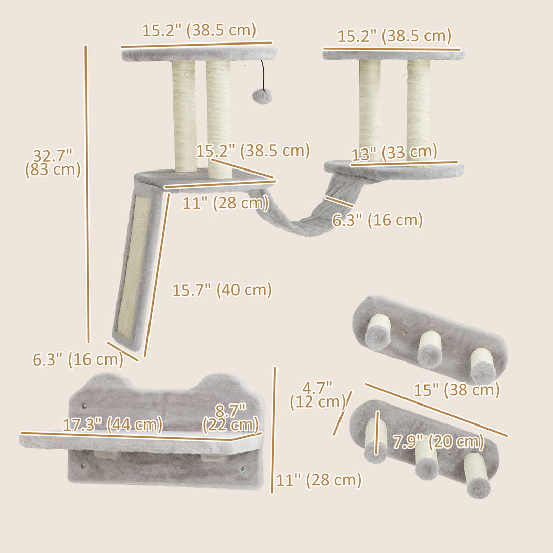 PawHut 3PCs Cat Wall Shelves w/ Scratching Post, Perches, Steps, Ladder, Light Grey