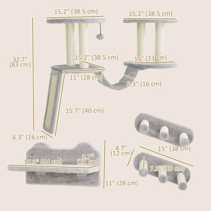 PawHut 3PCs Cat Wall Shelves w/ Scratching Post, Perches, Steps, Ladder, Light Grey