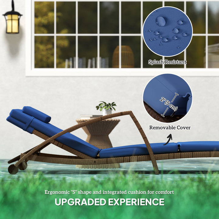 Outsunny Set of 2 Wicker Chaise Lounge Chair Outdoor Patio Lounger with 5 Adjustable Back, Wheels, Cushion and Armrests, Blue