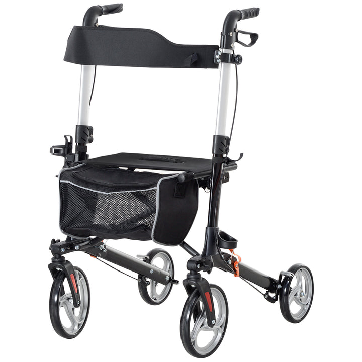 HOMCOM Lightweight Folding Rolling Walker with Large Seat, Back, Adjustable Handle, Bag, Dual Brake, Cane Holder, Red