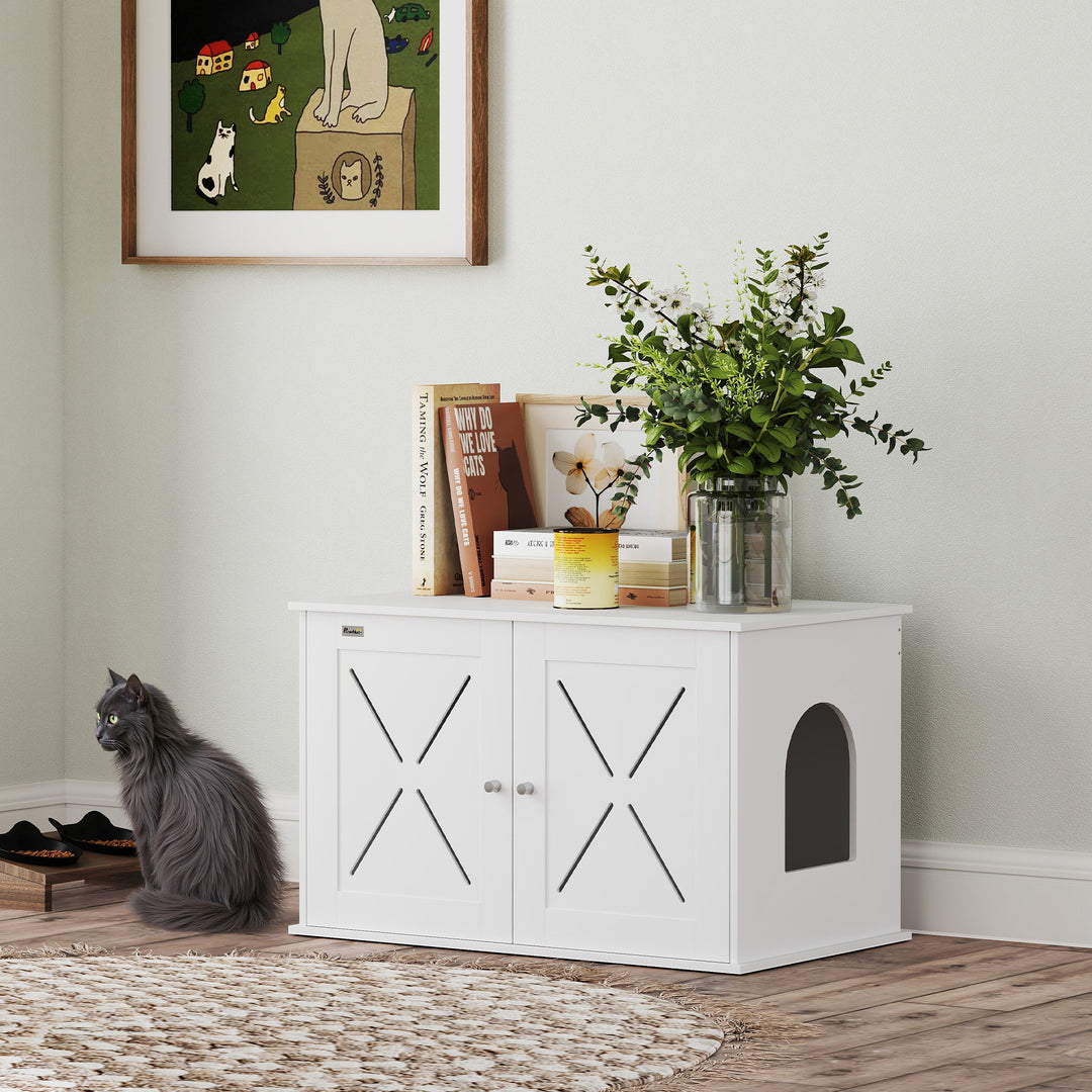 PawHut Hidden Cat Litter Box Enclosure with Double Doors, Hole, Pet House Side End Table, 31.5" x 19" x 20", White