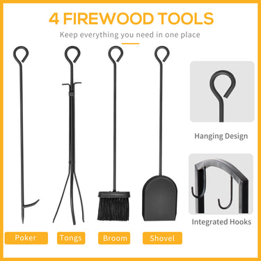 HOMCOM 16" 2-Tier Firewood Log Rack with 4 Tools, Fireplace Wood Storage Holder with Shovel, Broom, Poker, Tongs and Hooks, Black