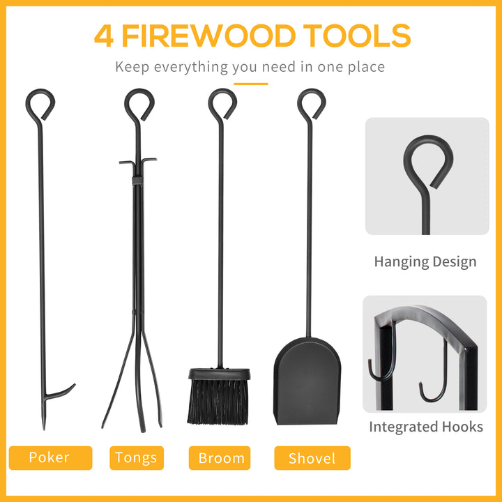 HOMCOM 16" 2-Tier Firewood Log Rack with 4 Tools, Fireplace Wood Storage Holder with Shovel, Broom, Poker, Tongs and Hooks, Black