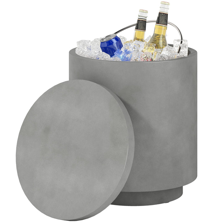 HOMCOM 2.6 Gal Outdoor Side Table, 3-In-1 Concrete Cooler Bar Table with Storage, Removable Ice Bucket and Lid, Light Grey