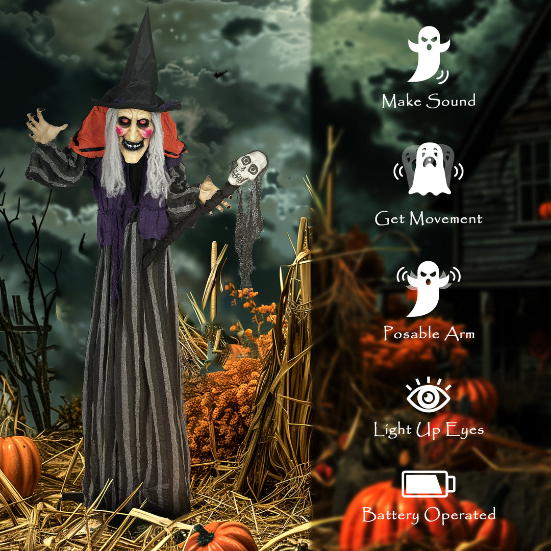 Outsunny Animatronics Standing Witch, Voice-Activated Prop with Skull Staff & Flashing Eyes, Easy Setup Indoor, Orange
