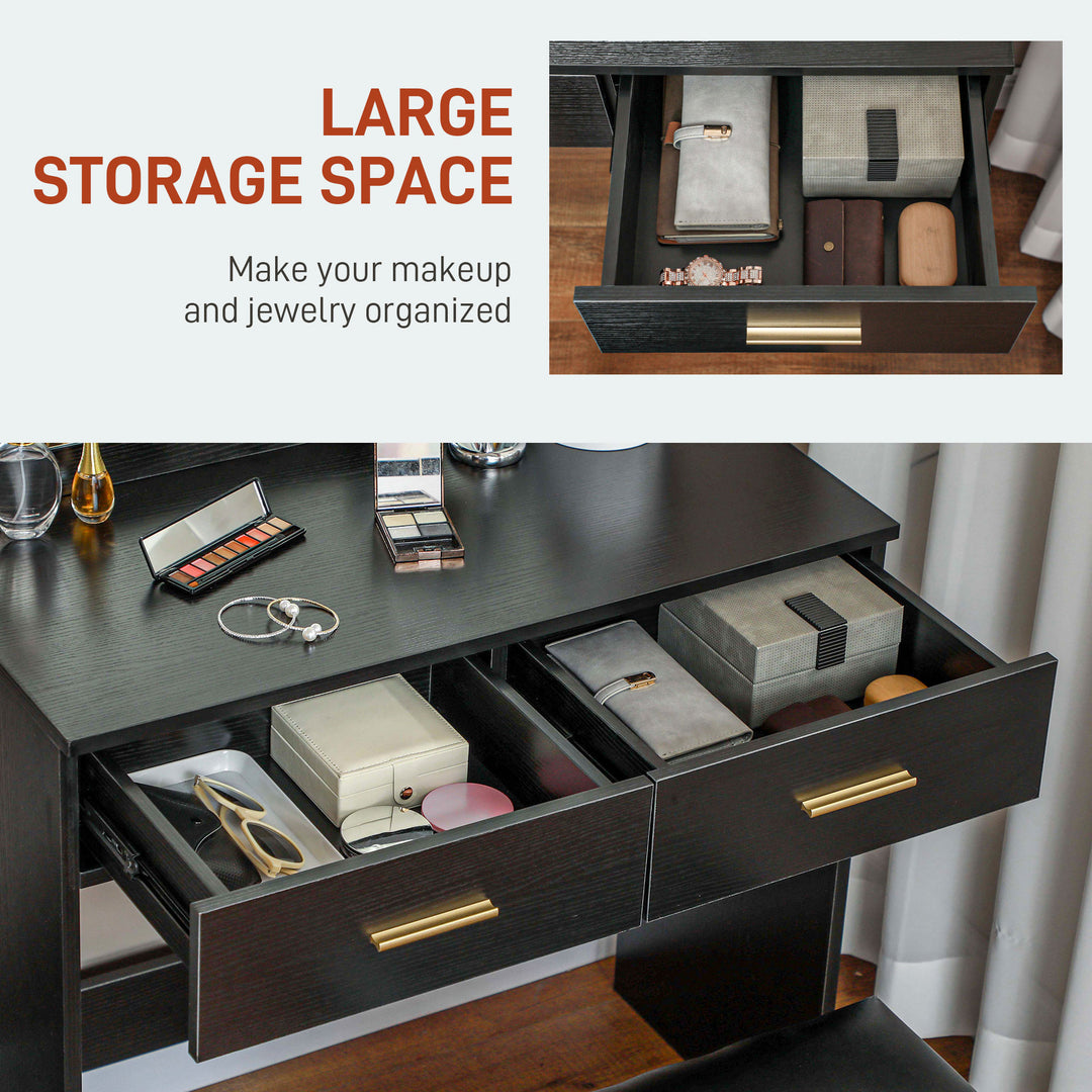 HOMCOM Makeup Vanity Table Set with Stool, Dressing Table with LED Lighting Mirror, Drawers, for Bedroom, Black