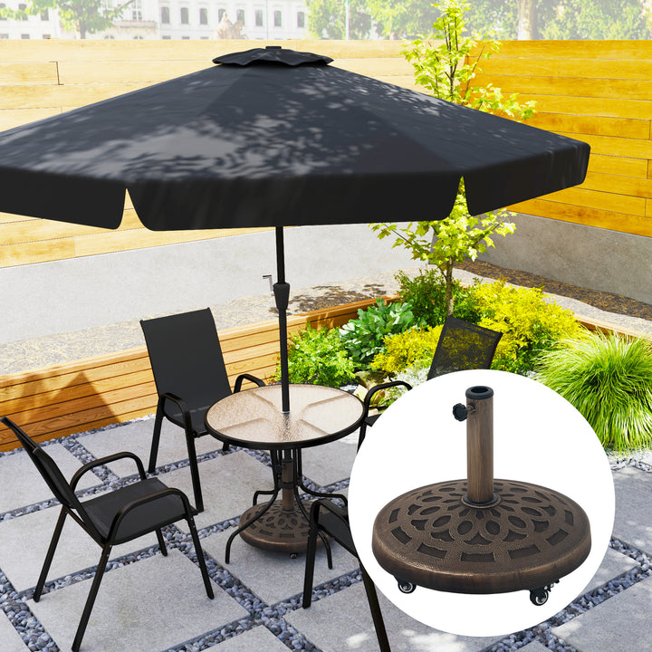 Outsunny 46lbs Resin Round Patio Umbrella Base with Wheels, Umbrella Stand Base, Heavy Duty Patio Umbrella Holder for 1.3"/1.5"/1.9" Poles for Outdoor, Lawn, Poolside, Bronze