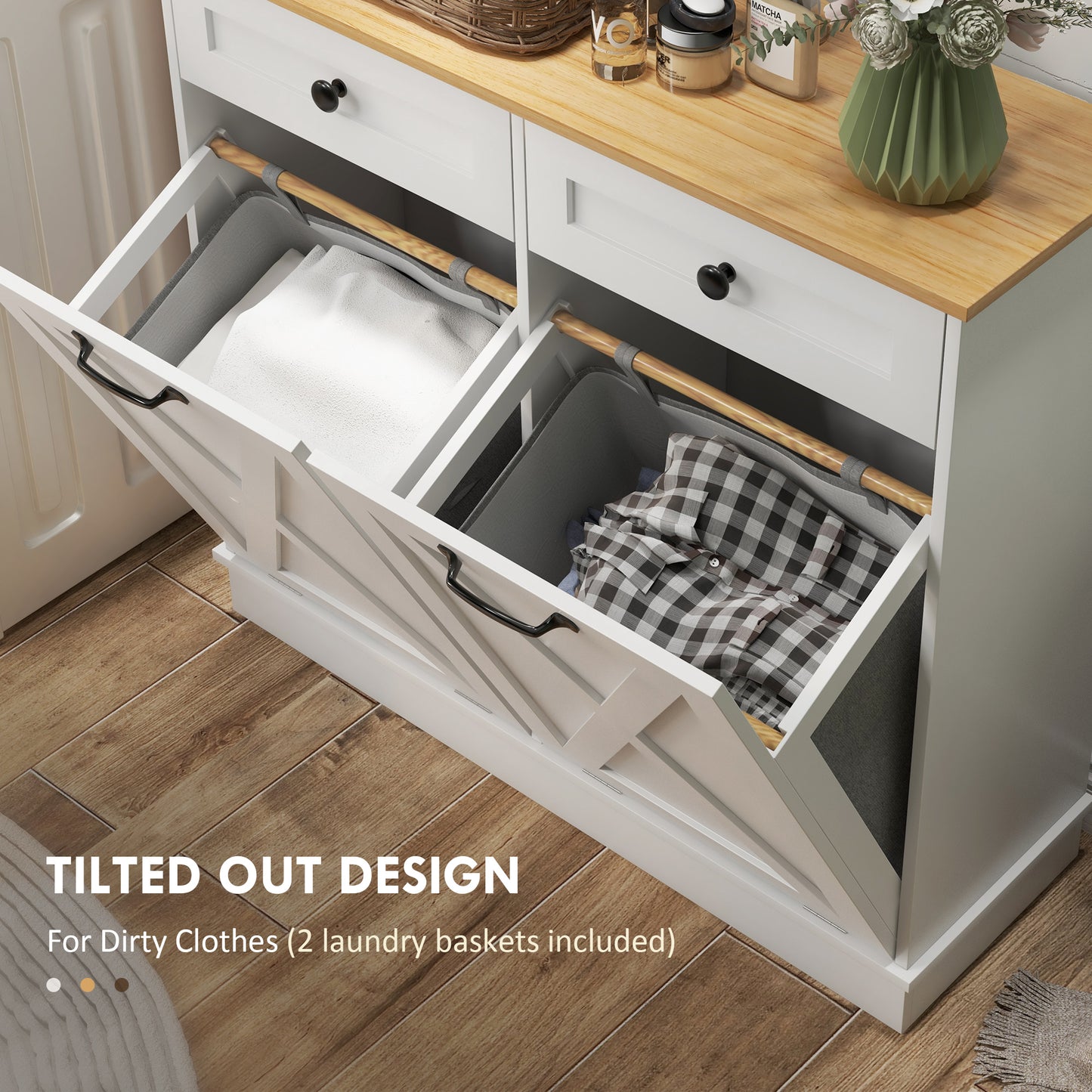 HOMCOM Tilt Out Laundry Cabinet, Bathroom Storage Cabinet with 2 Removable Baskets and 2 Drawers, White