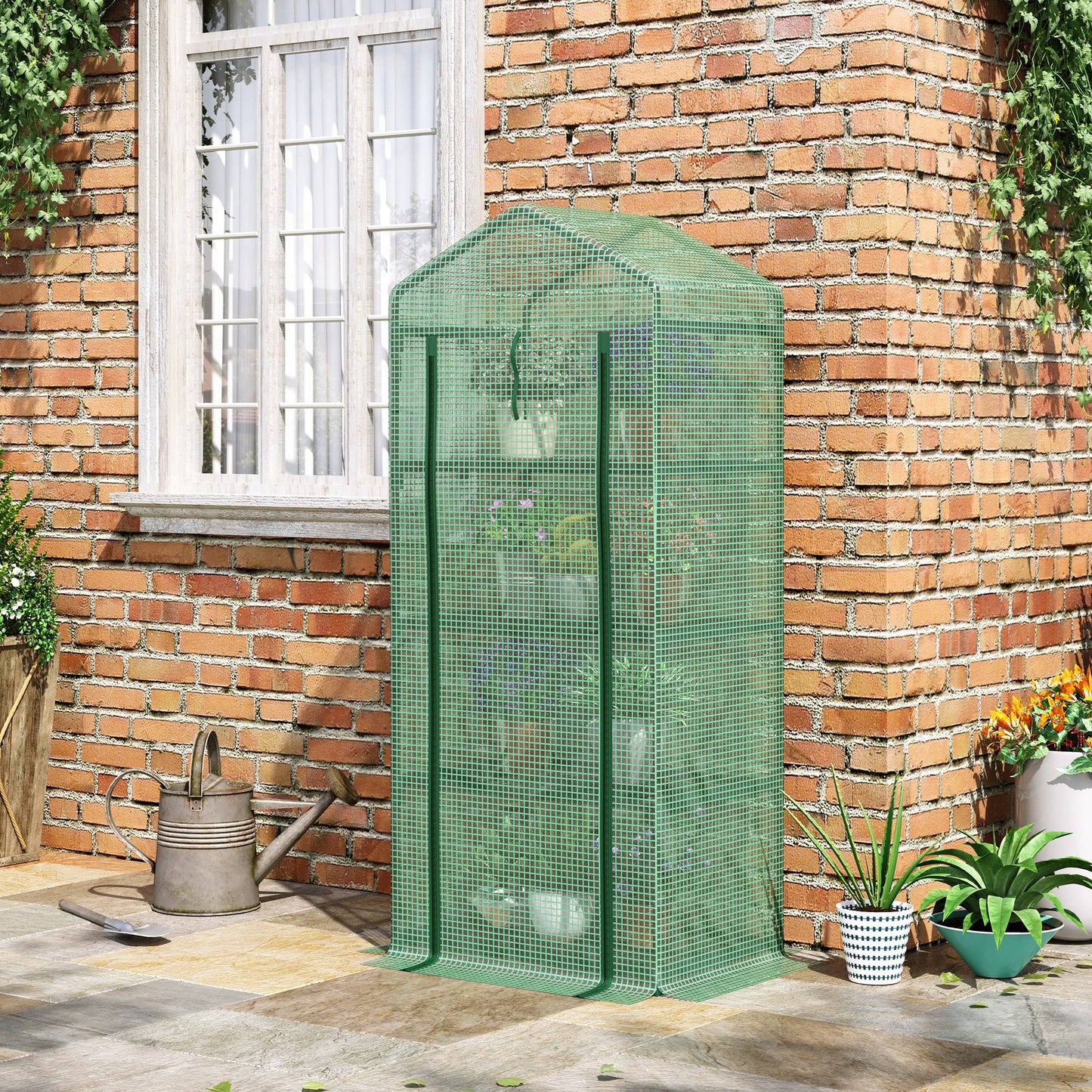 Outsunny Portable Greenhouse, Outdoor Hot House Plant Flower Greenhouse with 4 Tier Shelves, Steel Frame, PE Cover, Dark Green