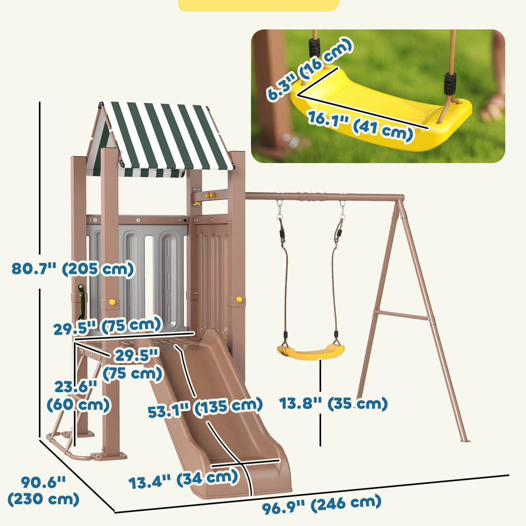 Qaba 4-in-1 Kids Swing Set for Playground with Slide, Covered Fort, Climbing Ladder, Ground Stakes, for Kids Ages 3-8, Brown