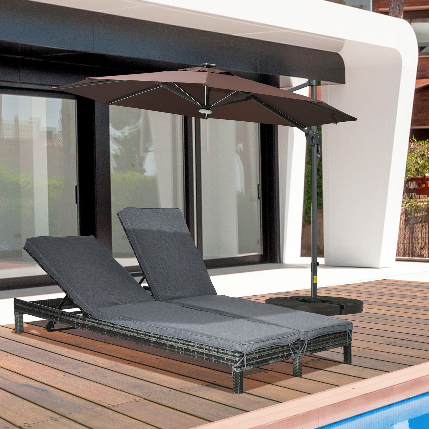 Outsunny Wicker Double Chaise Lounge Chair Outdoor Recliner 2 Person Rattan Patio Reclining Sunbed Furniture Cushioned w/Adjustable Backrest, Black, Grey