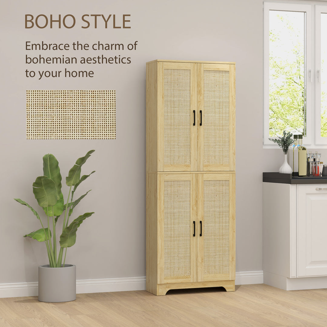 HOMCOM 67" Tall Kitchen Pantry, Freestanding Kitchen Storage Cabinet with 4 Rattan Doors and Adjustable Shelves, White