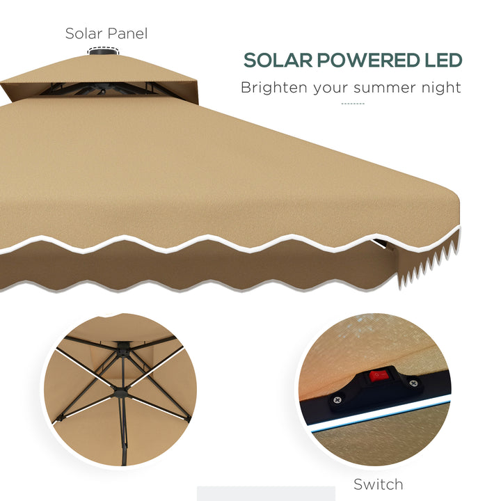 Outsunny 8' x 8' Square Double Top Offset Patio Umbrella Garden Parasol with Solar LED Lights, Ruffles and Weights, Khaki