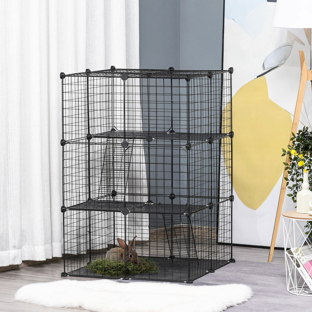 PawHut 39 Pcs Small Animal Cage Bunny Hutch Portable Metal Wire with Ramps for Kitten Chinchilla, Black