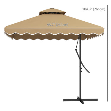 Outsunny 8' x 8' Square Double Top Offset Patio Umbrella Garden Parasol with Solar LED Lights, Ruffles and Weights, Khaki