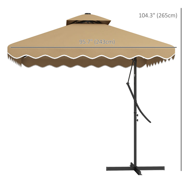 Outsunny 8' x 8' Square Double Top Offset Patio Umbrella Garden Parasol with Solar LED Lights, Ruffles and Weights, Khaki