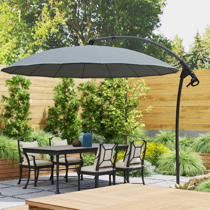 Outsunny 9FT Cantilever Umbrella with 16 Fibreglass Ribs, Offset Hanging Umbrella, Patio Umbrella with Crank and Cross Base, Grey