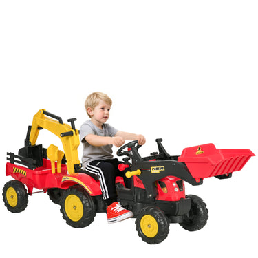 Aosom 3 in 1 Kids Ride On Excavator Toy with 6 Wheels, Bulldozer with Controllable Cargo Trailer & Easy Pedal Controls