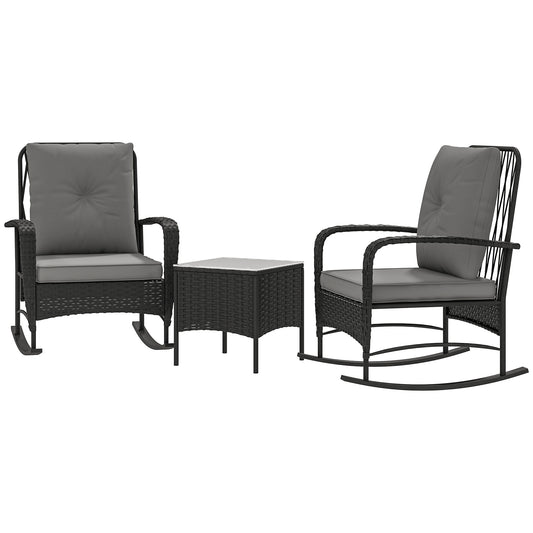 Outsunny 3 Pieces Rattan Bistro Set, Wicker Patio Furniture with Rocking Chairs, Thick Cushions for Porch Balcony, Grey