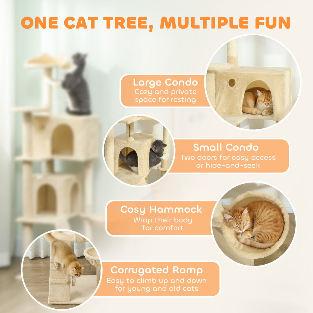 PawHut 63 Inch Cat Tree with Sisal Scratching Posts, Condos, Plush Perches, Hammock, Ladder, Dangling Balls, Pink