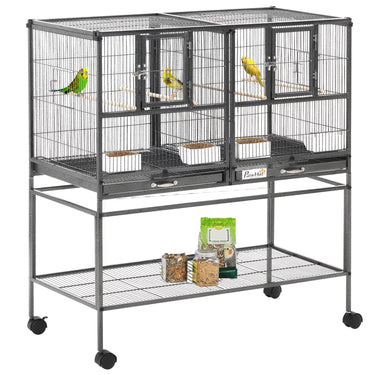 PawHut Large Double Rolling Metal Bird Cage Bird House w/ Removable Tray Storage Shelf